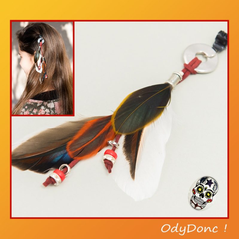 Bijou de Cheveux Rock Ethnique Pince Crabe Plumes et Perles