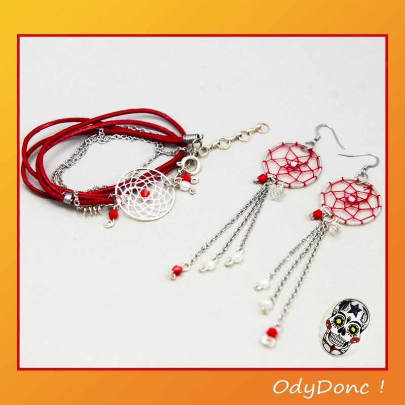 Parure Bijoux Dreamcatcher Cuir Rouge – Élégance Bohème et Symbolisme
