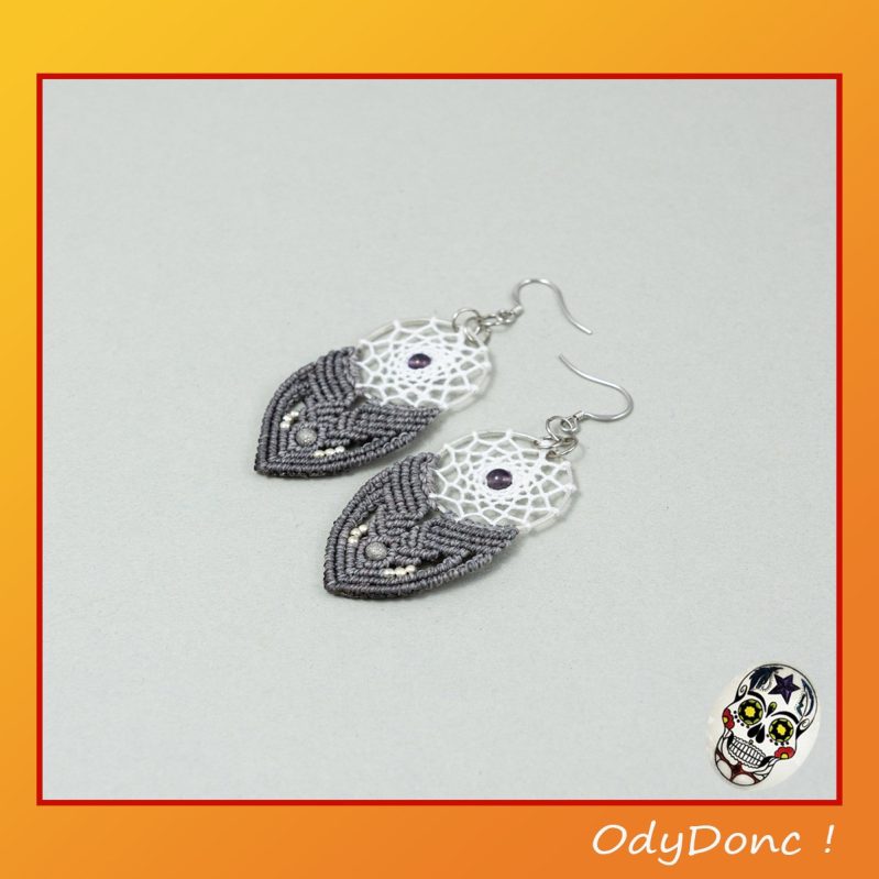 Boucles d’Oreilles Macramé Améthyste Pendentif Attrape Rêves Artisanal